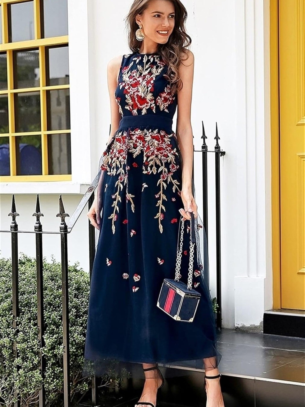 Elegant Navy Embroidered Maxi Dress - Floral Detail